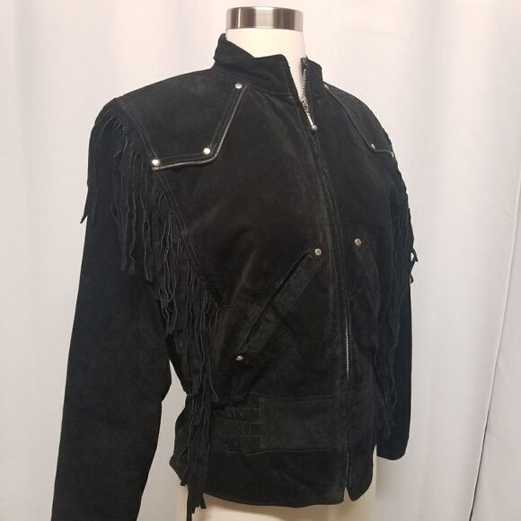 Vintage 90s y2k Wilsons Leather Jacket Western Fringe Black Suede Punk Rock Md - Picture 3 of 10